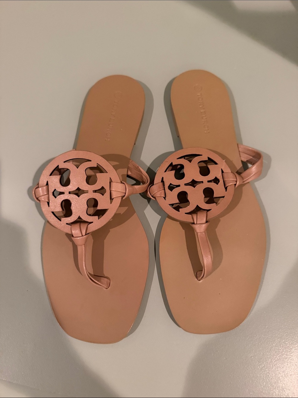Tory Burch Rose Pink Leather Logo Thong Sandals